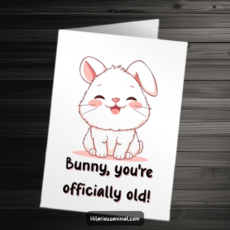 Funny free printable birthday card featuring a fluffy white bunny snorting with pure joy, ears flopped adorably.
