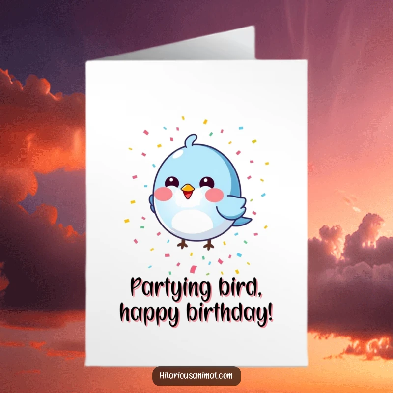 Funny Free Printable Birthday Card: Round blue bird with colorful confetti falling, a festive downloadable greeting.