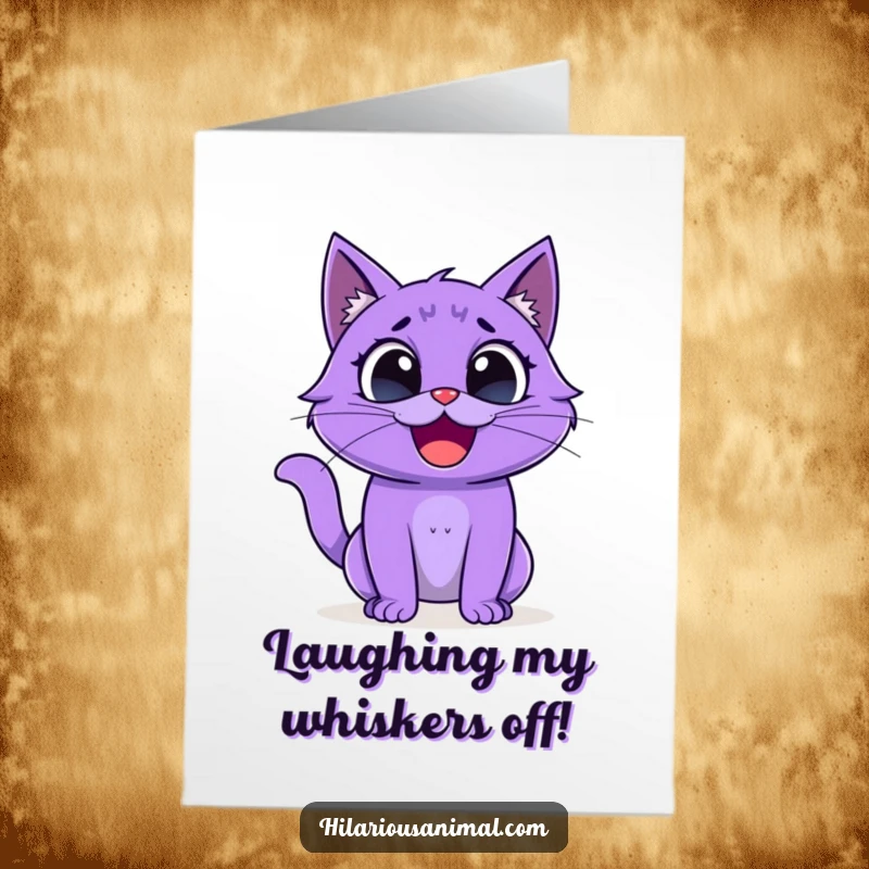 Funny Free Printable Birthday Card: Purple cat with wide eyes bursts into uncontrollable laughter, ready to celebrate.