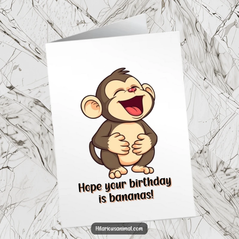 Funny Free Printable Birthday Card: Silly monkey character holding its belly, roaring with uncontrollable laughter, perfect for birthdays.