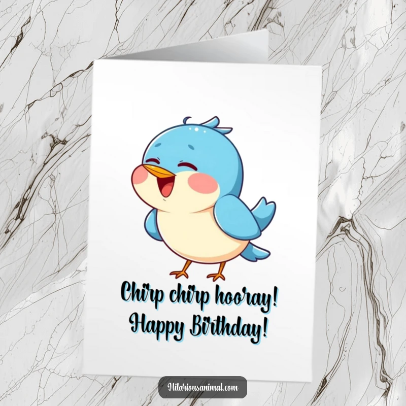 Free Printable Birthday Card: Cheerful blue bird tilting head back, singing joyously, happy animal illustration.