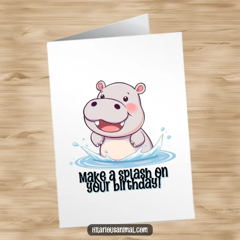Funny Free Printable Birthday Card: A beaming hippo cub excitedly splashing water with pure delight, bringing birthday fun.