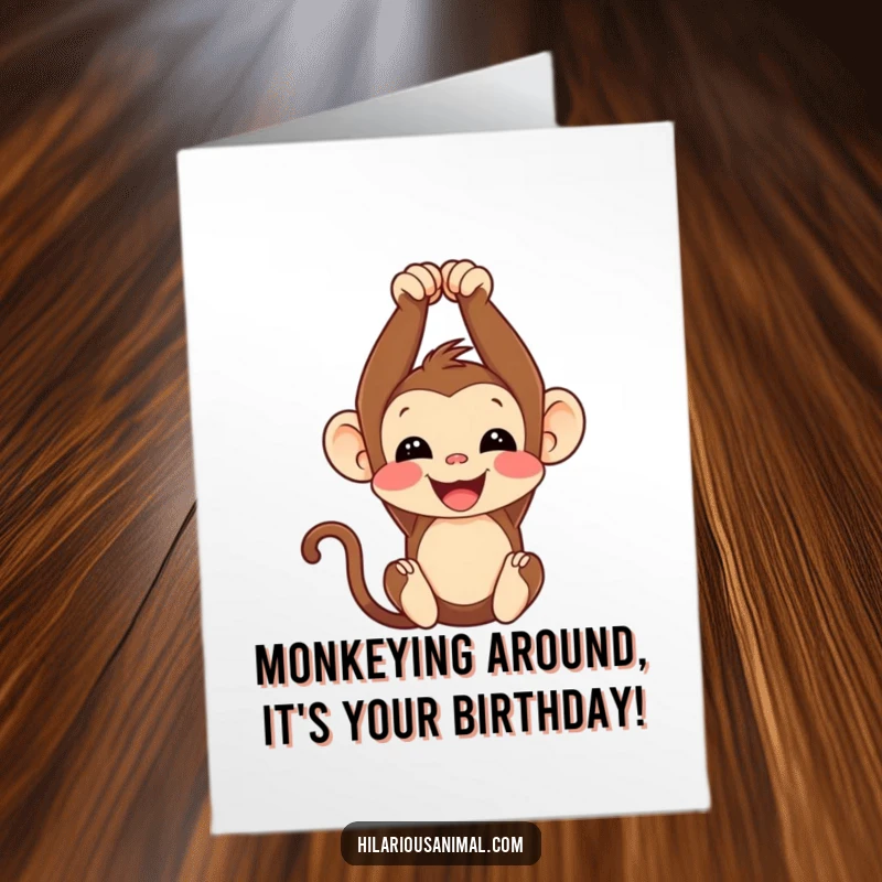 Funny Free Printable Birthday Card: Joyful monkey cub hanging upside down, chuckling with pure delight, ready for a birthday celebration.