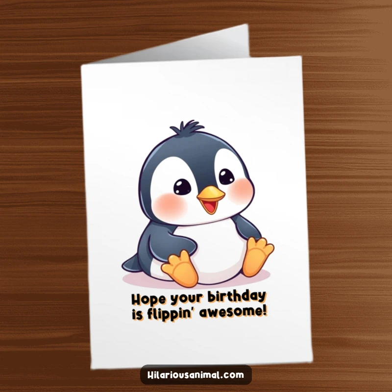 Funny Free Printable Birthday Card: Comical penguin cub smiling as it slides on its belly, bringing birthday cheer and fun.