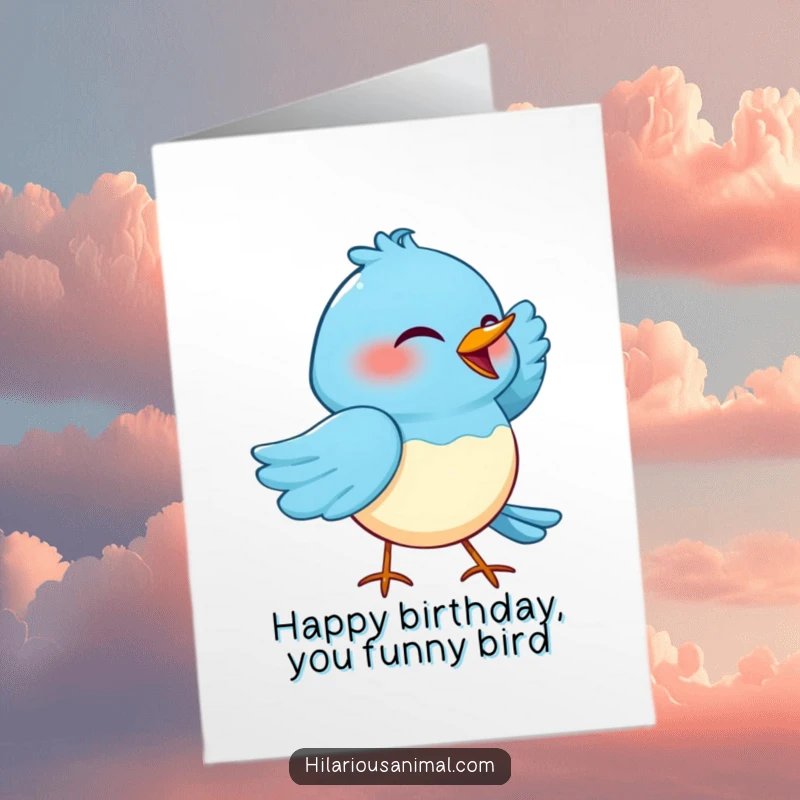 Funny Free Printable Birthday Card: Blue bird cackling heartily with one wing tucked under its head, downloadable art.