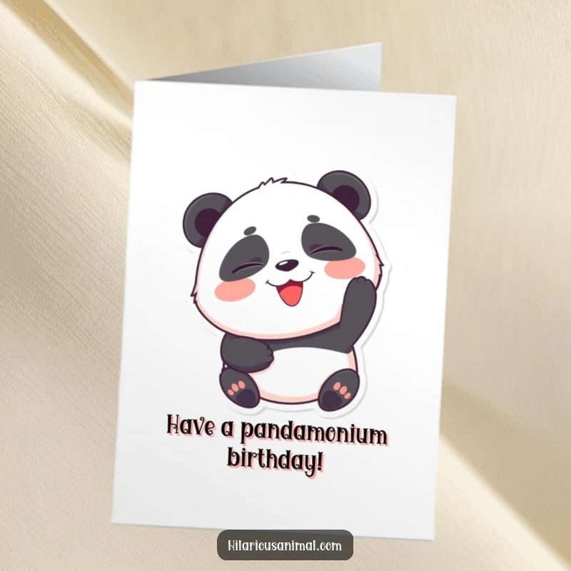 Funny Free Printable Birthday Card: Round panda cub, eyes shut tight, laughing hysterically, a joyous downloadable message.