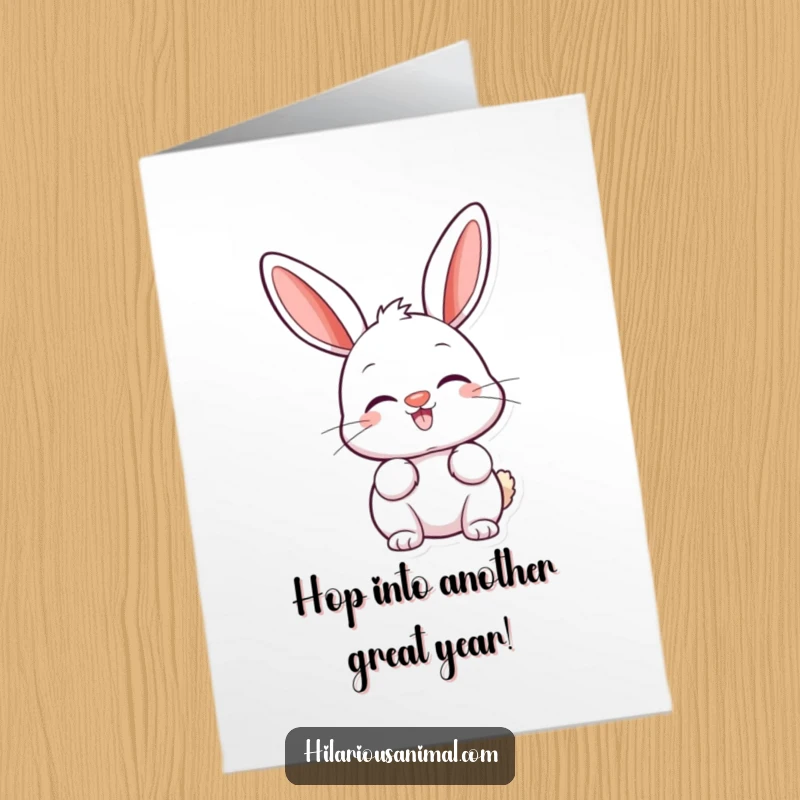 Funny Free Printable Birthday Card: A happy bunny with a twitching nose and perked ears is full of amusement and birthday cheer.