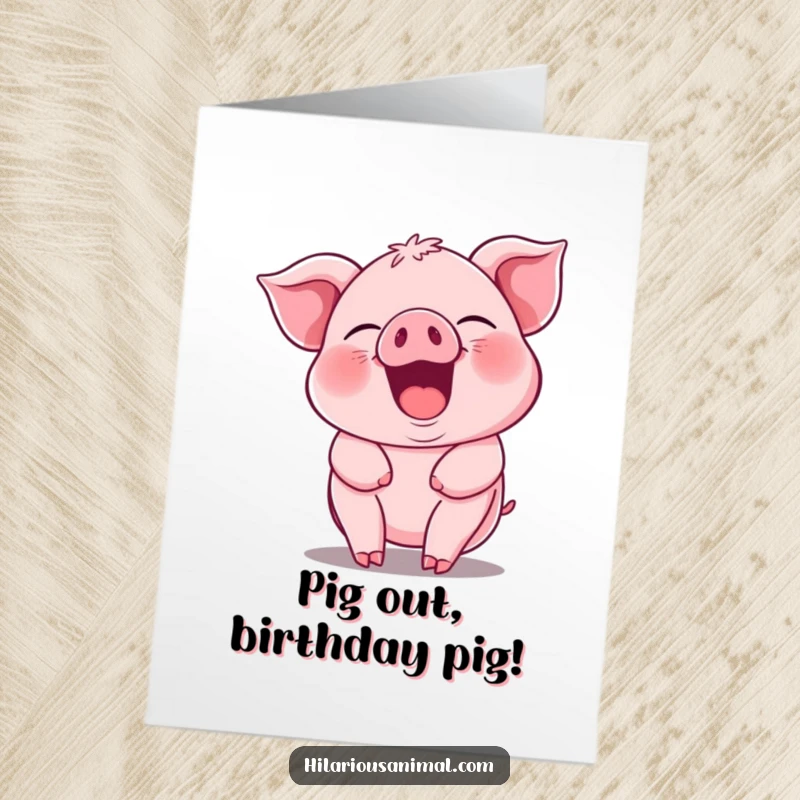 Funny free printable birthday card featuring a pink piglet guffawing uncontrollably, body jiggling joyfully.