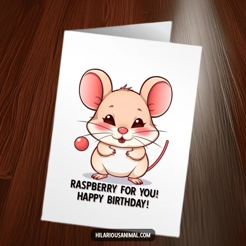 Free Printable Birthday Card: Tiny mouse blowing raspberry with mischievous grin, playful cheeky birthday wish.