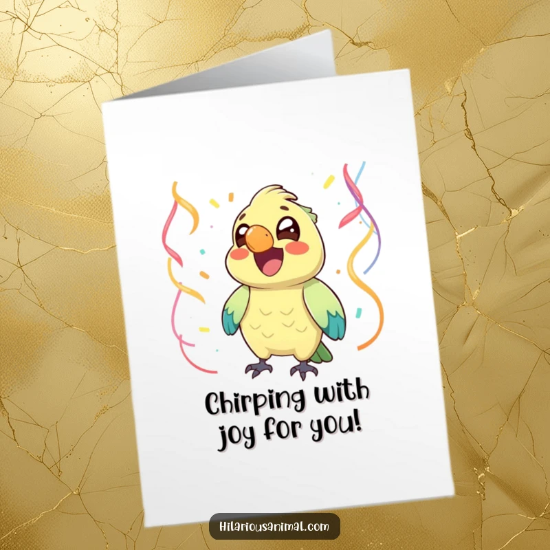 Funny Free Printable Congratulations Card showing a bright-eyed, joyful parrot chuckling as it is surrounded by celebratory streamers.