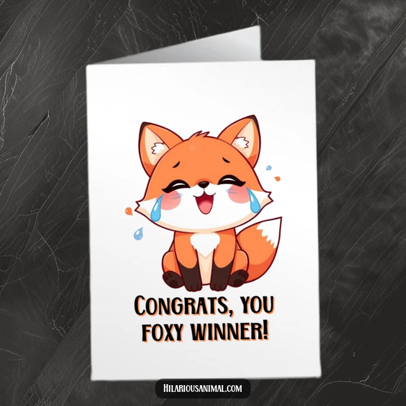 Funny Free Printable Congratulations Card: Red fox shedding joyful tears, a touching downloadable for celebrations.
