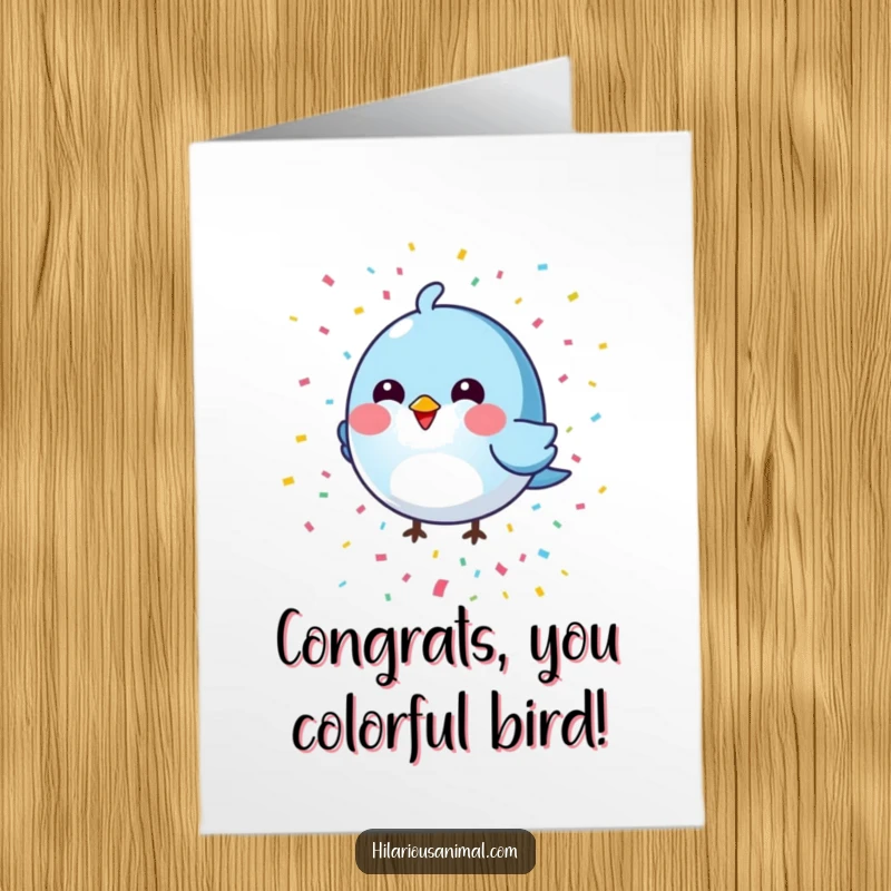 Funny Free Printable Congratulations Card: Blue bird showering colorful confetti, a joyous downloadable for achievements.
