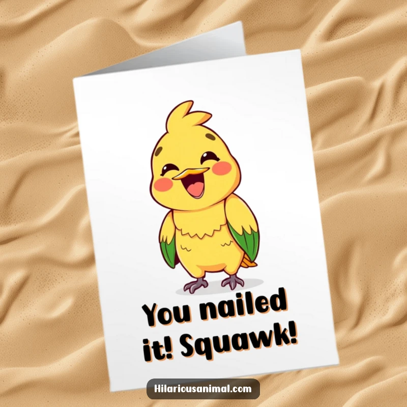 Funny Free Printable Congratulations Card: A brightly colored parrot with a huge grin, squawking enthusiastically to celebrate.