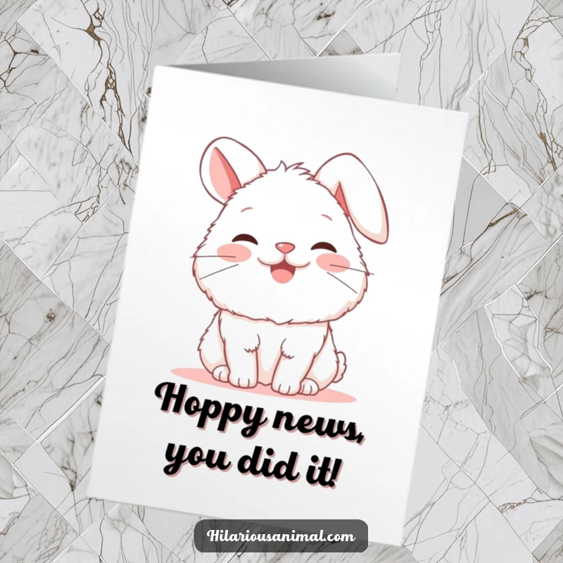 Funny free printable congratulations card showing a happy white bunny snorting with glee, a delightful surprise.