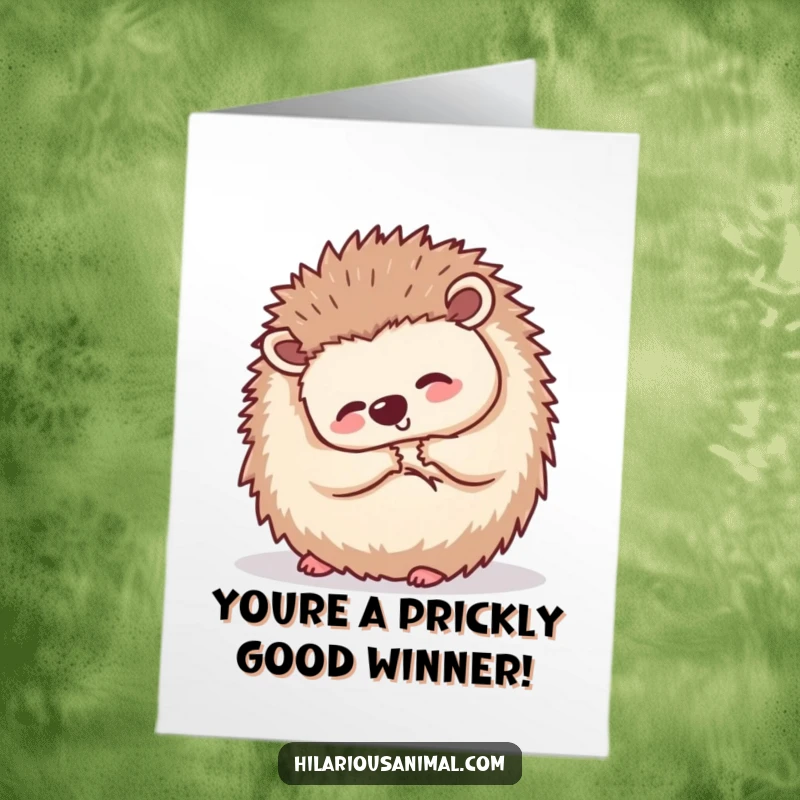 Funny Free Printable Hedgehog Congratulations Card: A small hedgehog curled up, shaking with silent laughter, to celebrate a success.