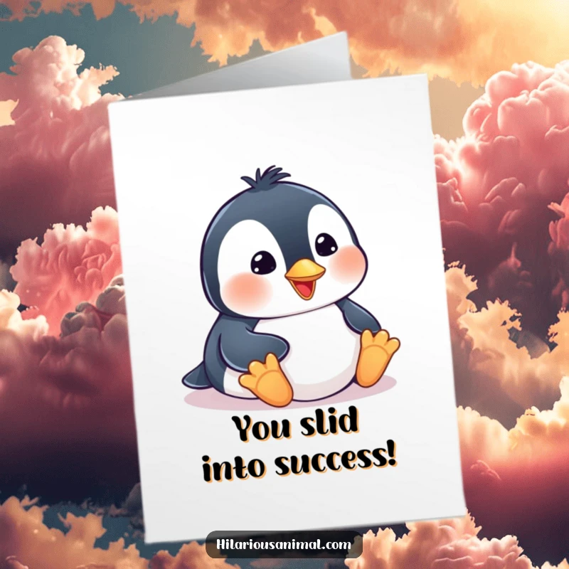 Funny Free Printable Congratulations Card: A comical penguin cub beaming as it slides on its belly, celebrating your fantastic achievement.