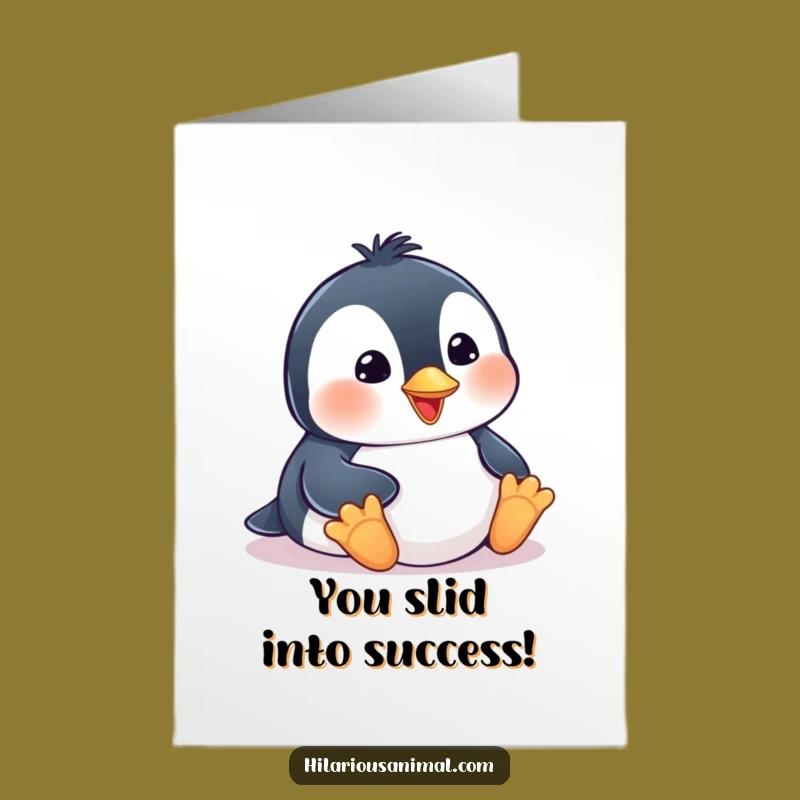 Free Printable Penguin Congrats Card: Funny Cub Sliding Downloadable Greeting