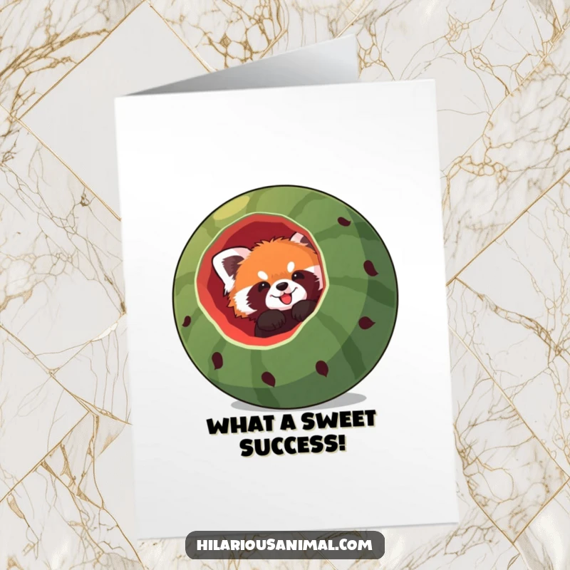 Funny Free Printable congratulations card featuring a red panda with its head stuck in a large watermelon, celebrating with humor.