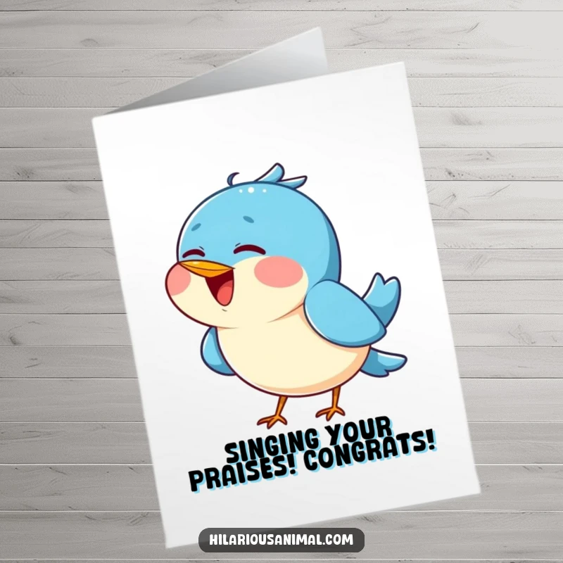 Free Printable Congratulations Card: Cheerful blue bird head tilted back, chirping with extreme happiness, celebratory art.