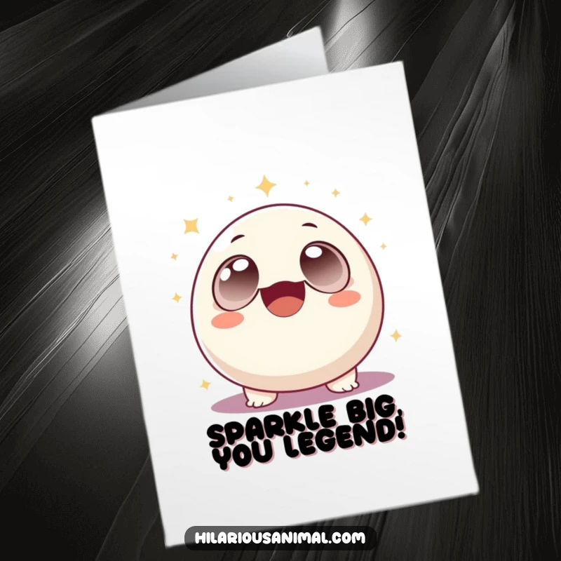 Funny Free Printable Congratulations Card featuring a round, happy creature with large eyes overcome with uncontrollable laughter and surrounded by bright sparkles.