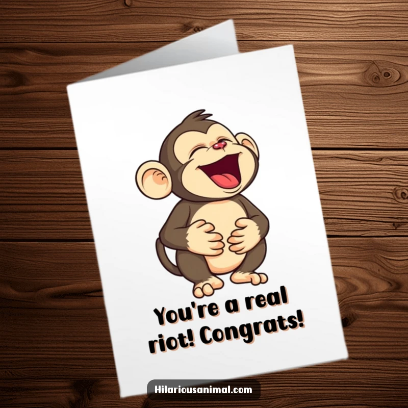 Funny Free Printable Congratulations Card: Silly monkey character holding its belly, roaring with laughter at your success.