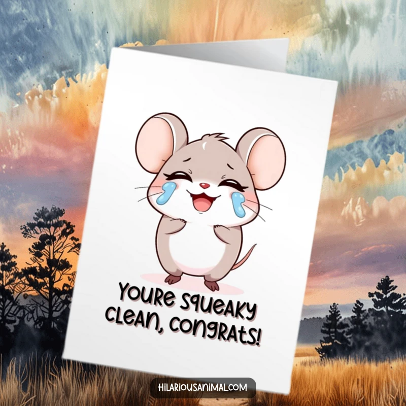 Funny Free Printable Congratulations Card: A small mouse laughing heartily with tears, offering a hilarious downloadable gift.