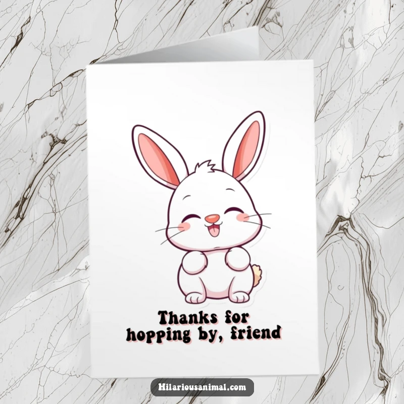 Funny Free Printable Thank You Card: A happy bunny with a twitching nose and high perked ears beams with amusement and thanks.