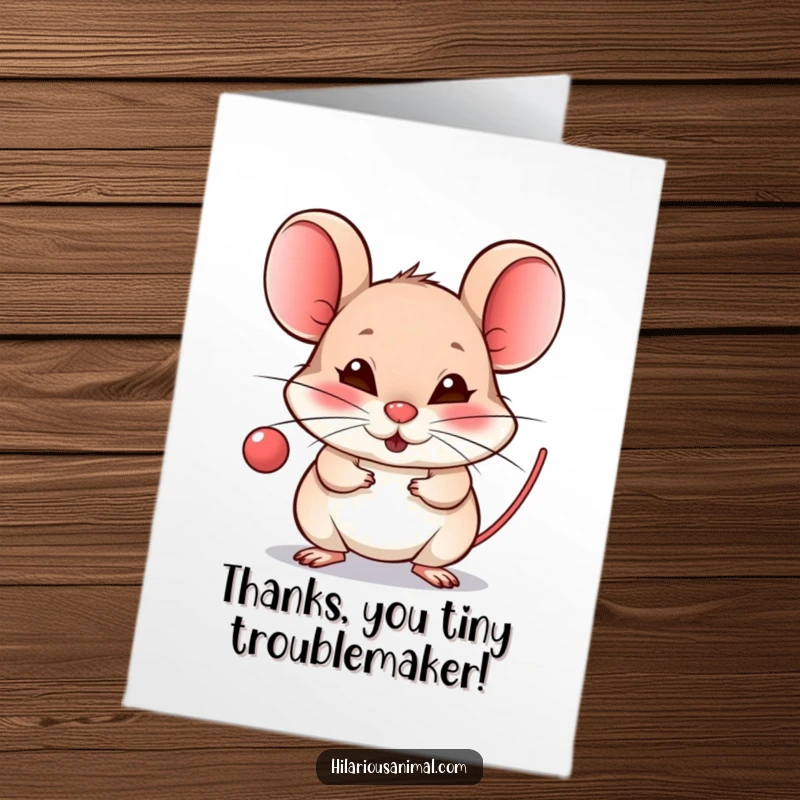 Free Printable Thank You Card: Tiny mouse blowing raspberry with mischievous grin, cheeky thanks, playful illustration.