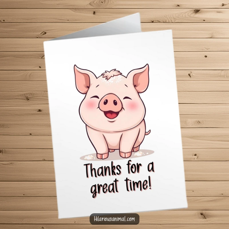 Funny Free Printable thank you card with a plump piglet snorting happily, dusted with flour, conveying sweet gratitude.