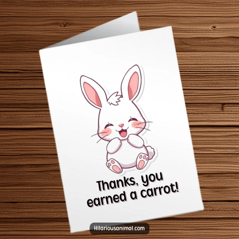 Funny Free Printable Thank You Card featuring a cheerful bunny muffling a laugh behind its paws, conveying thanks with mirth.