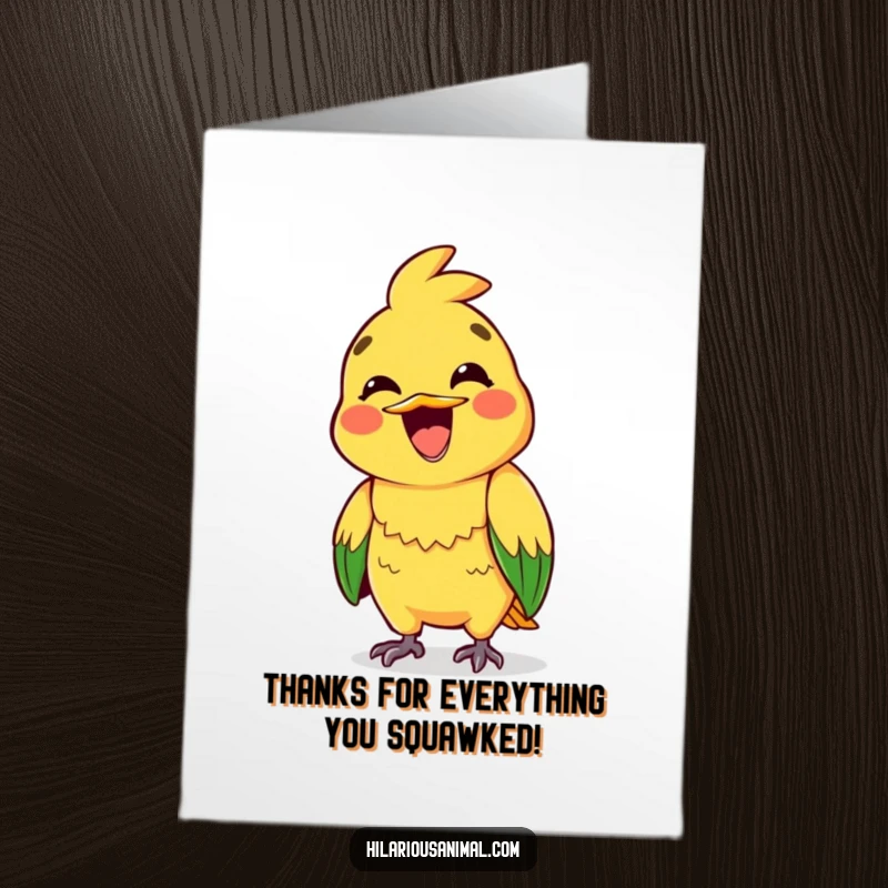 Funny Free Printable Thank You Card: Bright parrot with a wide grin squawking loudly to convey sincere thanks.