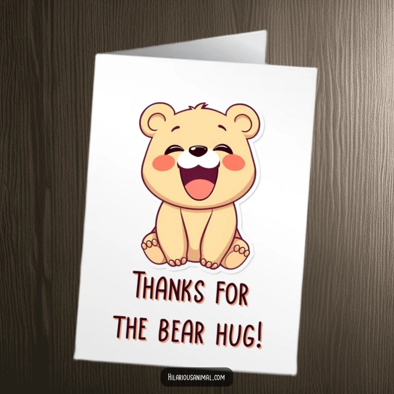 Free Printable Thank You Card of a delighted bear cub laughing heartily with its mouth wide open, conveying immense joy.