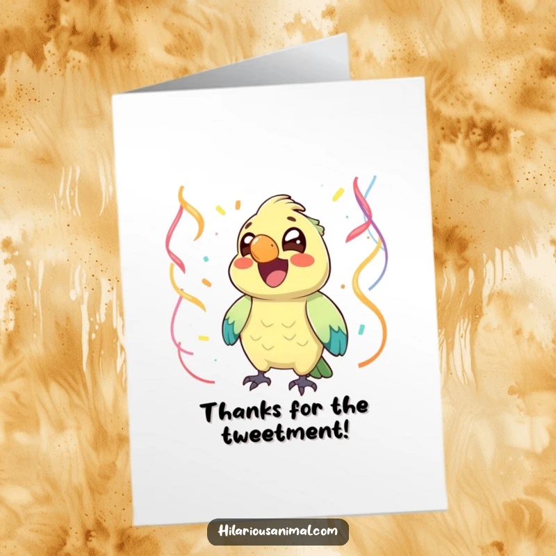 Free Printable Thank You Card of a joyful parrot with bright eyes, chuckling amidst a flurry of colorful streamers.