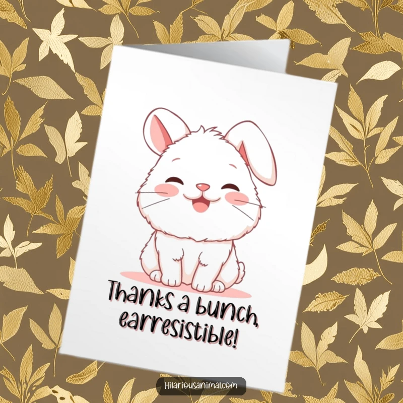 Funny free printable thank you card with a joyful white bunny snorting, conveying sincere appreciation.