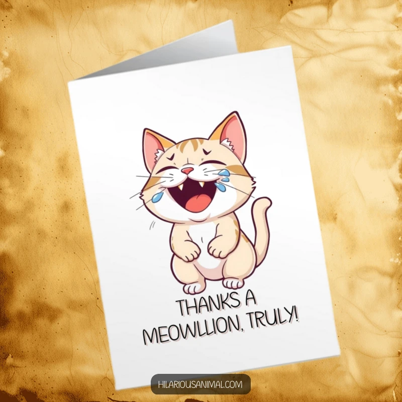 Funny Free Printable Thank You Card: A small cat roaring with laughter, tears streaming, expressing heartfelt thanks.