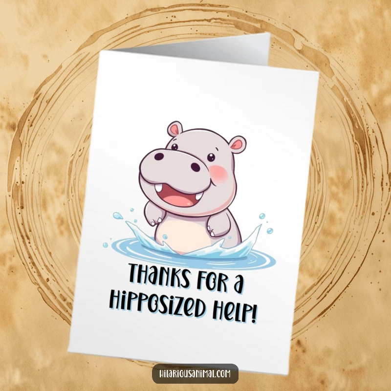 Funny Free Printable Thank You Card: A beaming hippo cub splashing water with delight, sending a happy and heartfelt thank you.