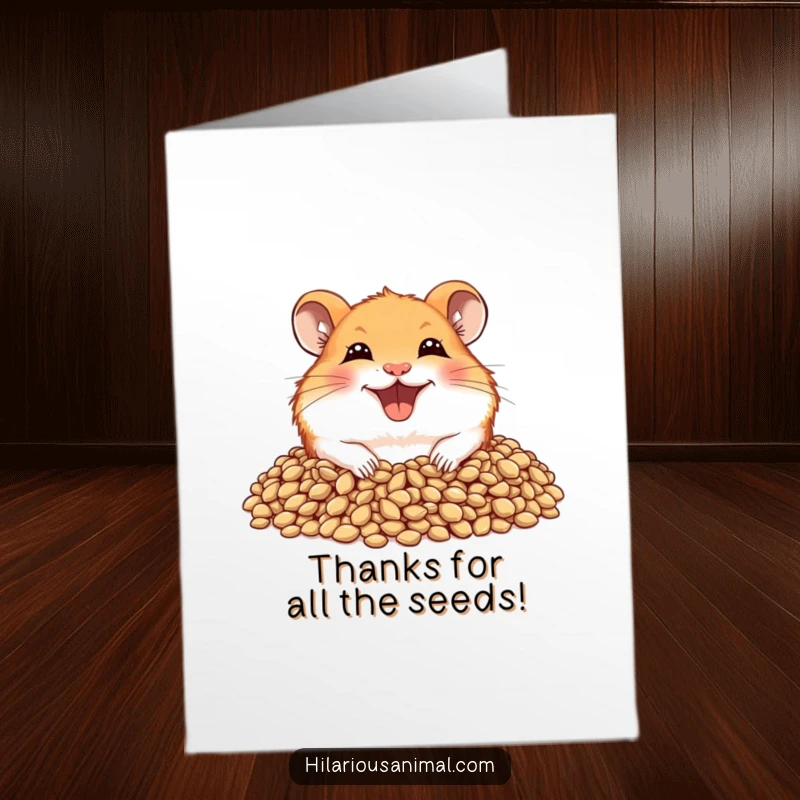 Funny Free Printable Thank You Card: A joyful hamster with a wide grin peeks from seeds, showing heartfelt appreciation.