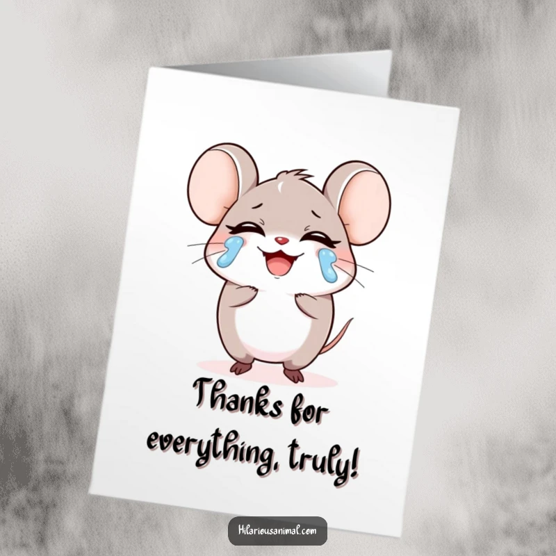 Funny Free Printable Thank You Card: A small mouse laughing hysterically with tears, a perfect DIY gift.