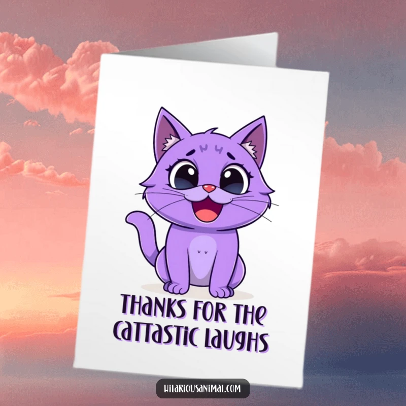 Funny Free Printable Thank You Card: Purple cat with wide eyes bursts into uncontrollable laughter to hilariously say thank you.
