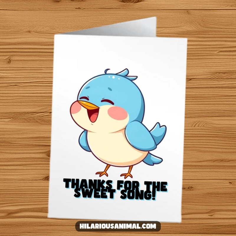Free Printable Thank You Card: Cheerful blue bird singing with head tilted back, expressing sweet thanks, bird illustration.