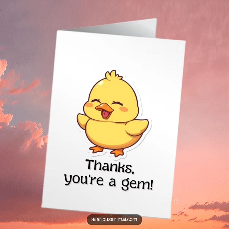 Funny Free Printable Thank You Card: A chubby yellow duck quacks with closed eyes, shaking with laughter, offering a humorous and heartfelt thank you.