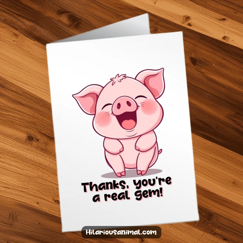 Funny free printable thank you card featuring a pink piglet guffawing with mirth, expressing thanks.