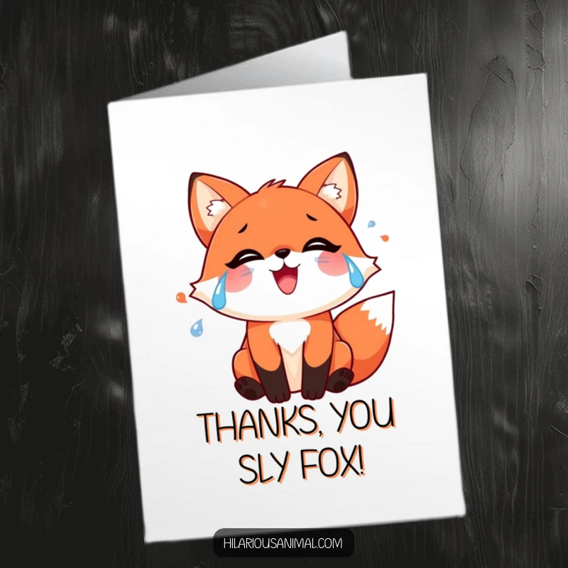 Funny Free Printable Thank You Card: Joyful red fox with happy tears, a heartfelt downloadable for gratitude.