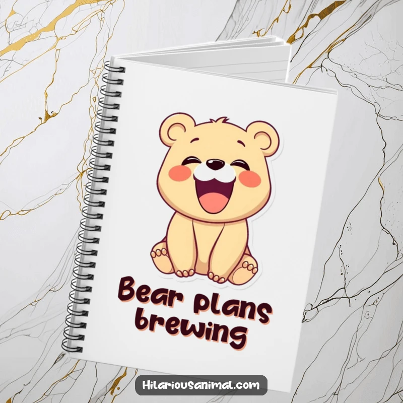 Funny bear cub with mouth wide open in a hearty laugh, on a notebook cover, a cheerful and useful funny gift.