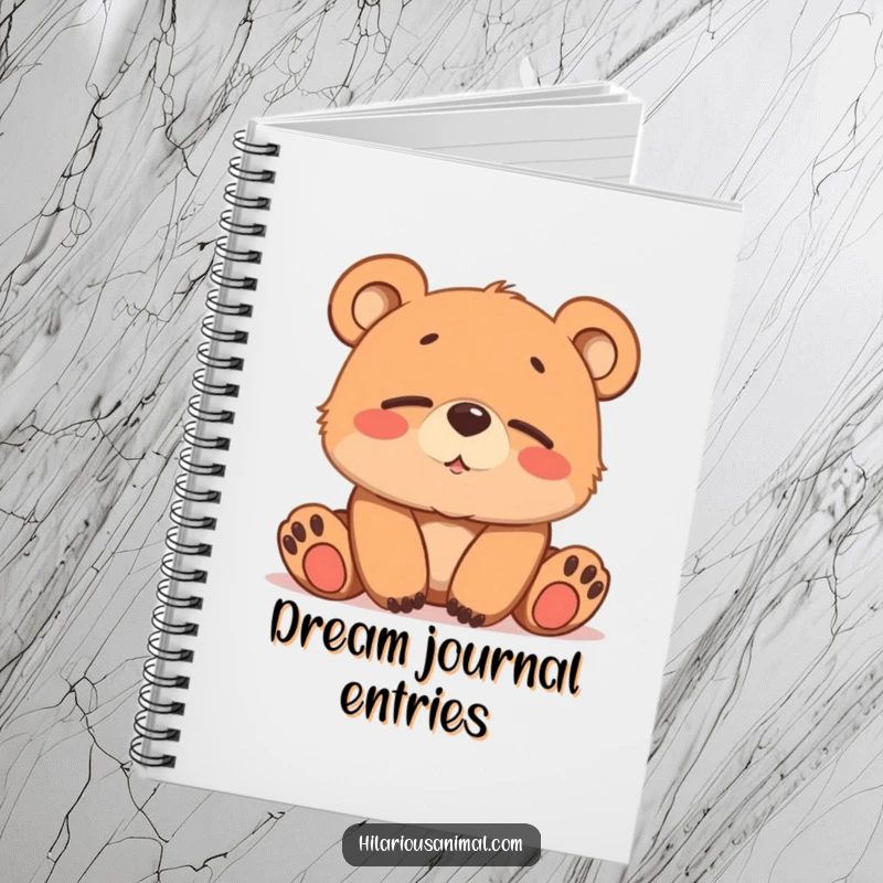 Funny brown bear cub notebook, softly chuckling with sleepy eyes, for jotting down gentle thoughts.