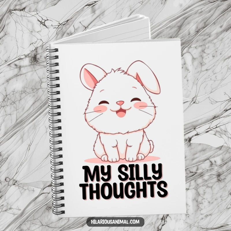 Funny bunny notebook with a fluffy white rabbit snorting with uncontainable mirth, ears flopped, ready for notes or sketches.