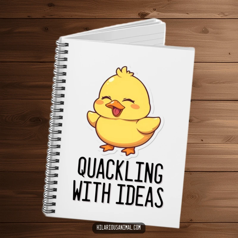 Funny Duck Quacking Notebook with a chubby yellow duck laughing heartily with eyes squeezed shut, perfect for jotting notes with a dose of humorous charm.