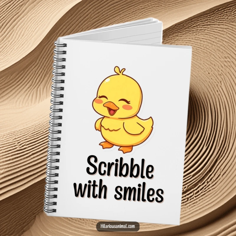 Funny yellow duckling notebook, eyes closed in a soft giggle, for jotting down cheerful notes.