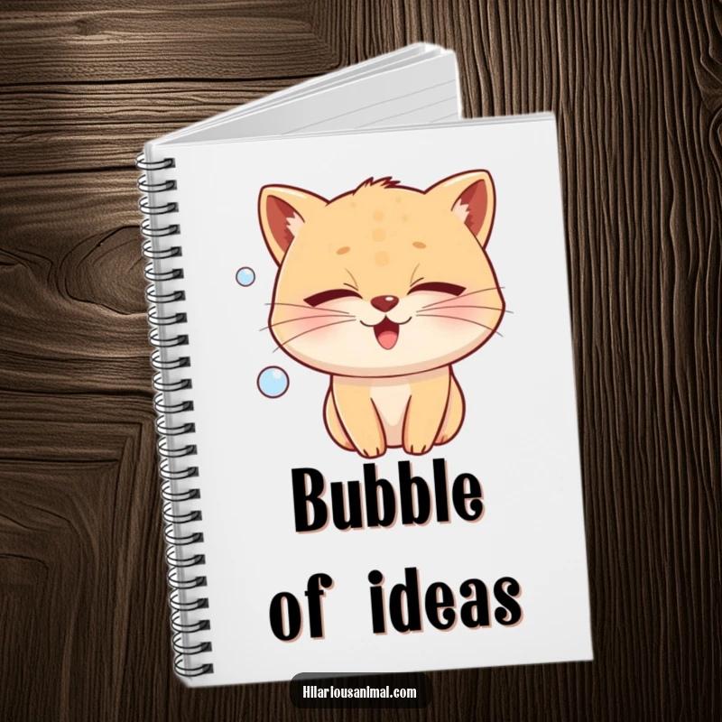 Funny whiskered animal with eyes shut tight, blowing a bubble of pure joy, on a notebook cover, a peaceful and funny gift.