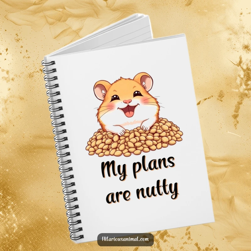 Funny hamster notebook showing a joyful hamster with a wide grin, peeking from a pile of seeds.